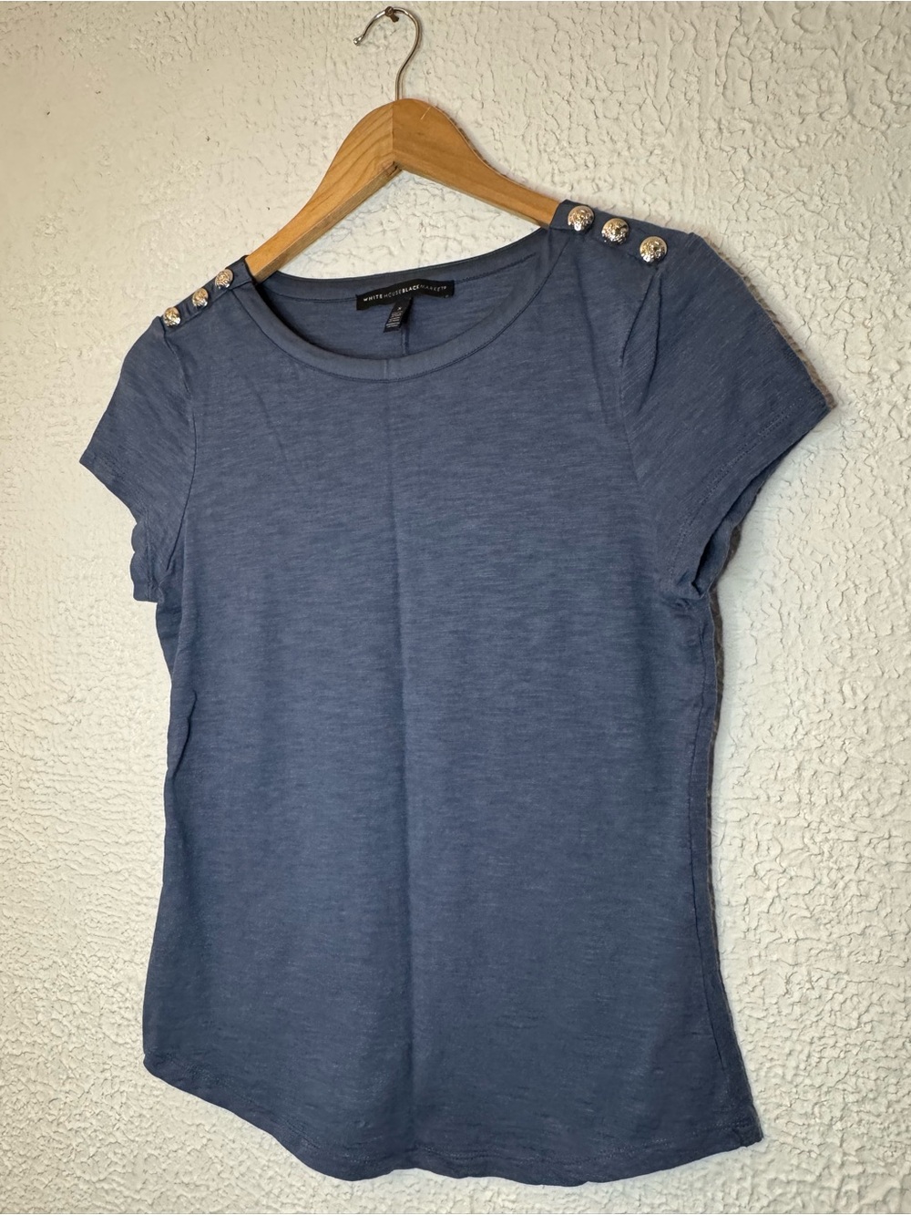 White House Black Market Blue Short Sleeve Button-Shoulder Tee